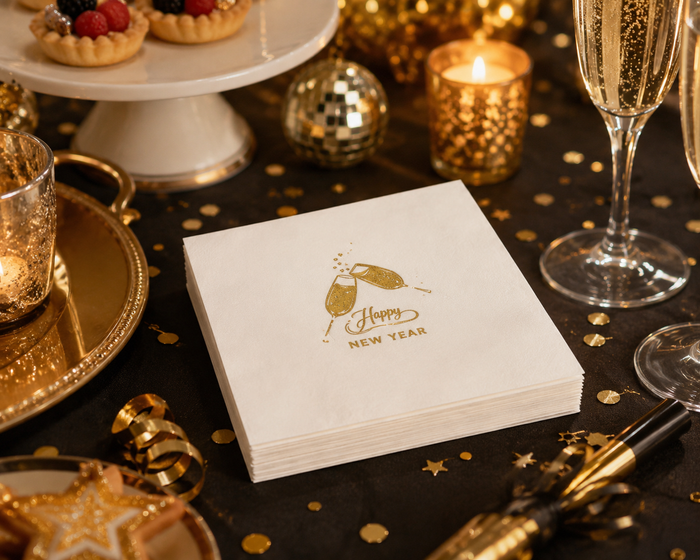 Happy New Year Champagne Glass Cocktail Napkins, 50-Pack, 3-ply, New Year’s Eve Party Decor