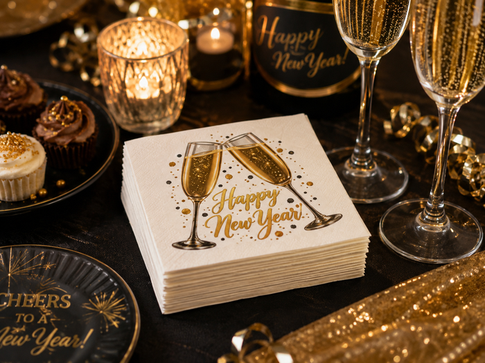 Happy New Year Champagne Toast Cocktail Napkins, 50-Pack, 3-ply New Year’s Eve Party Decor