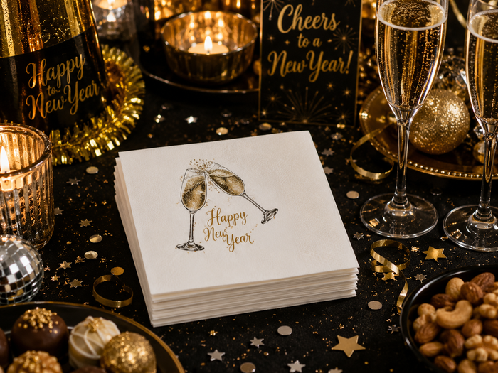 Happy New Year Champagne Toast Cocktail Napkins, 50-Pack, 3-ply, New Year’s Eve Party Decor