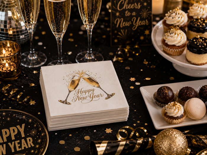 Happy New Year Champagne Toast Cocktail Napkins, 50-Pack, 3-ply, New Year's Eve Party Decor