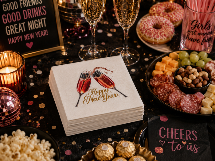 Happy New Year Champagne Toast Cocktail Napkins, 50-Pack, 3-ply, New Year's Eve Party Decor