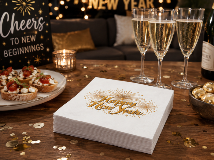 Happy New Year Fireworks Cocktail Napkins, 50-Pack, 3-ply, New Year’s Eve Party Decor