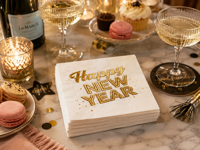 Happy New Year Gold Cocktail Napkins, 50-Pack, 3-ply, New Year’s Eve Party Decor