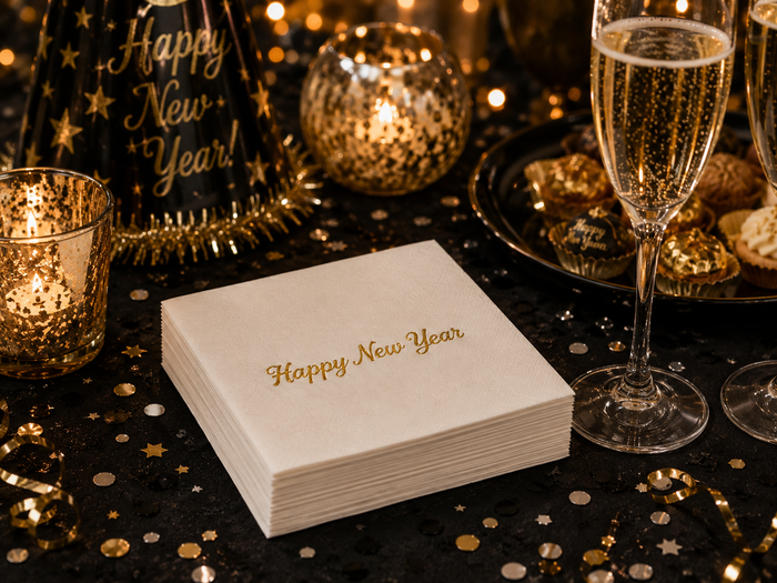 Happy New Year Gold Script Cocktail Napkins, 50-Pack, 3-ply, New Year’s Eve Party Decor