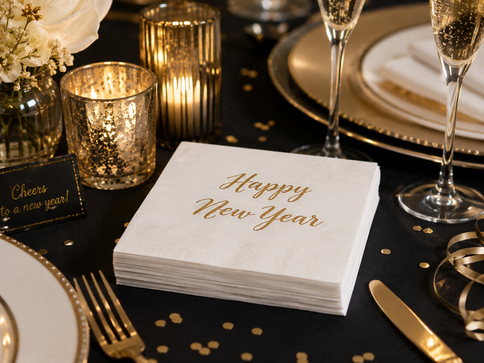 Happy New Year Gold Script Cocktail Napkins, 50-Pack, 3-ply,  New Year’s Eve Party Decor