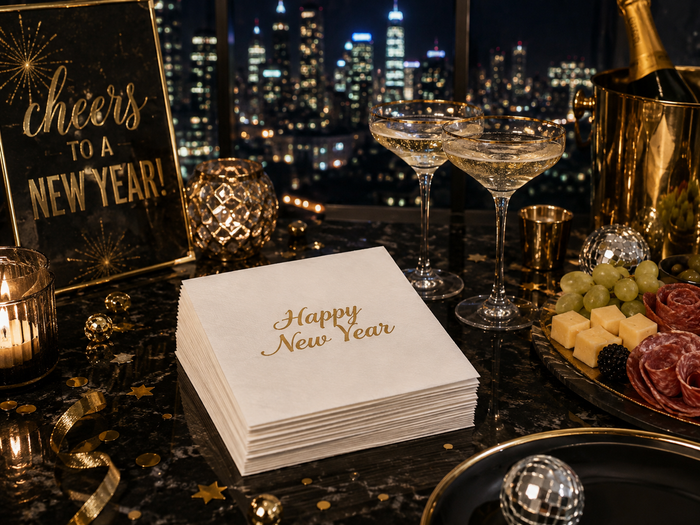 Happy New Year Gold Script Cocktail Napkins, 50-Pack, 3-ply, New Year’s Eve Party Decor