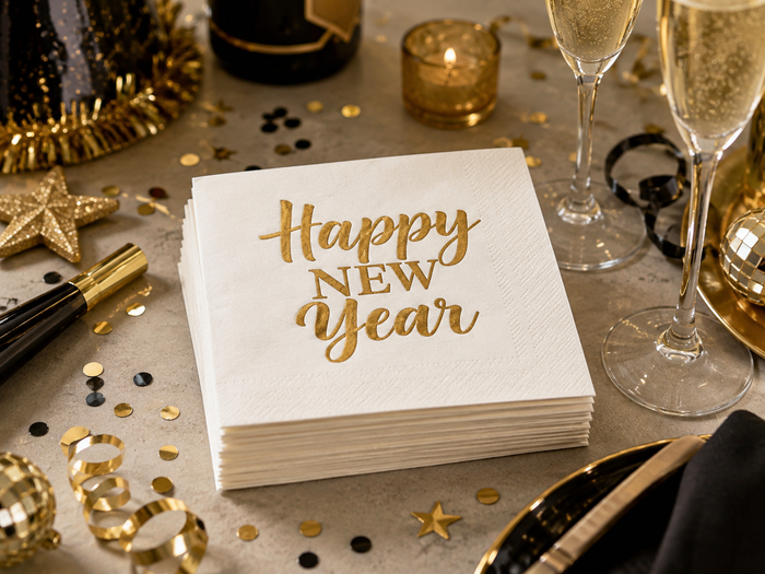 Happy New Year Gold Script Cocktail Napkins, 50-Pack, 3-ply, New Year’s Eve Party Decor