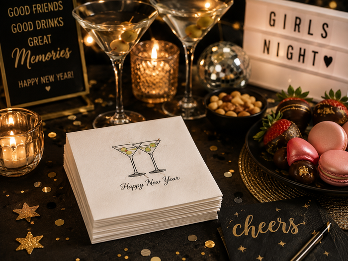 Happy New Year Martini Cocktail Napkins, 50-Pack, 3-ply, New Year’s Eve Party Decor