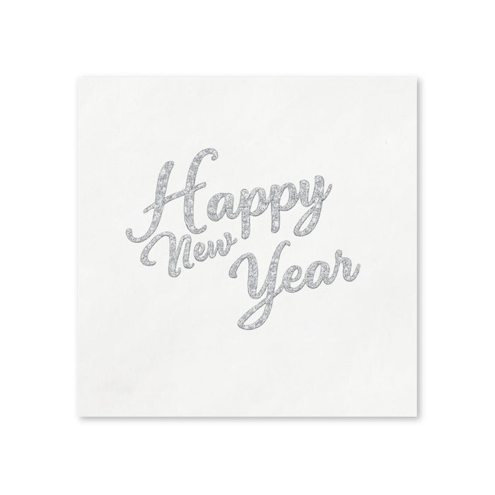Happy New Year Silver Script Cocktail Napkins, 50-Pack, 3-ply, New Year’s Eve Party Decor