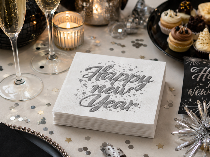 Happy New Year Silver Script Cocktail Napkins, 50-Pack, 3-ply, New Year’s Eve Party Decor