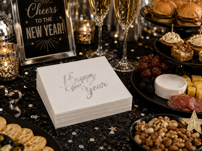 Happy New Year Silver Script Cocktail Napkins, 50-Pack, 3-ply, New Year’s Eve Party Decor