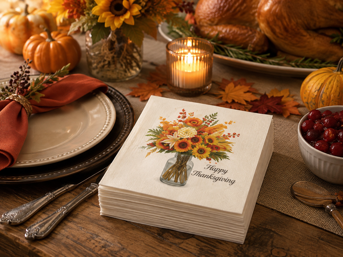 Happy Thanksgiving Floral Cocktail Napkins, 50-Pack, 3-ply, Autumn Sunflower Bouquet Party Napkins