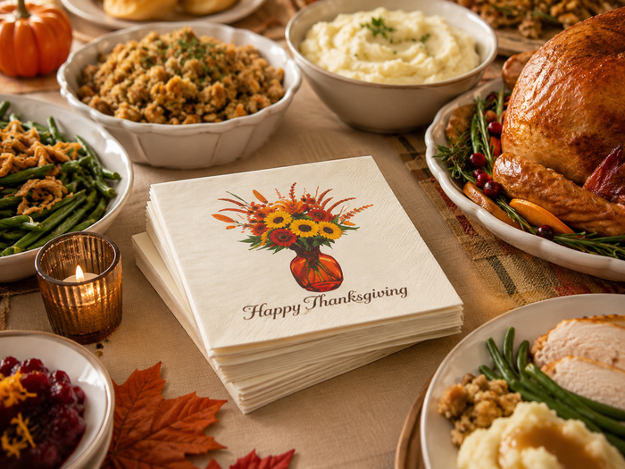 Happy Thanksgiving Floral Cocktail Napkins, 50-Pack, 3-ply, Thanksgiving Party Dinner Napkins