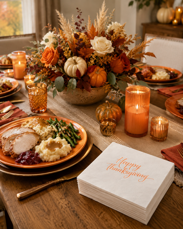 Happy Thanksgiving Orange & Creme Napkins, 50-Pack, 3-ply, Elegant Thanksgiving Party Napkins