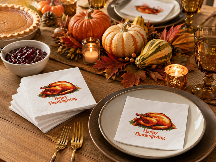 Happy Thanksgiving Roasted Turkey Cocktail Napkins, 50-Pack, 3-ply, Classic Holiday Dinner Napkins