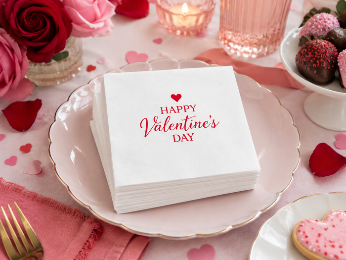 Happy Valentine's Day Cocktail Napkins, 50-Pack, 3-ply, Red Heart Valentine’s Day Party Napkins