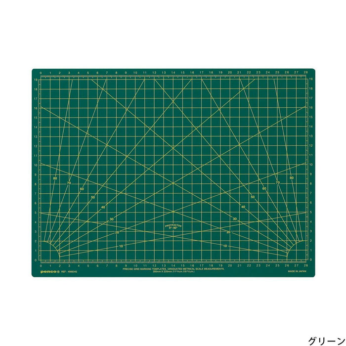 Full view of a green Penco cutting mat with yellow measurement grid and protractor markings