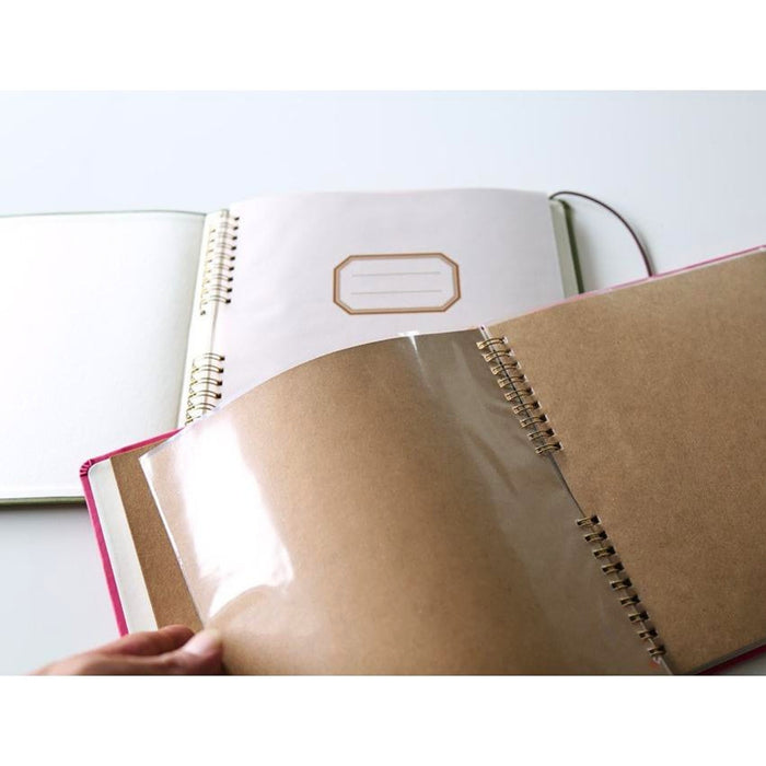 Hightide Penco Scrapbook Album khaki ring bound photo album open showing ring binding and kraft pages.