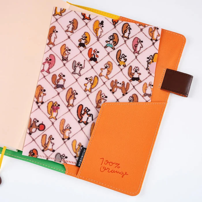 Hobonichi 100%ORANGE Folder Set of 2 for A5 Size (Squirrel Squadron), detail view of the design.