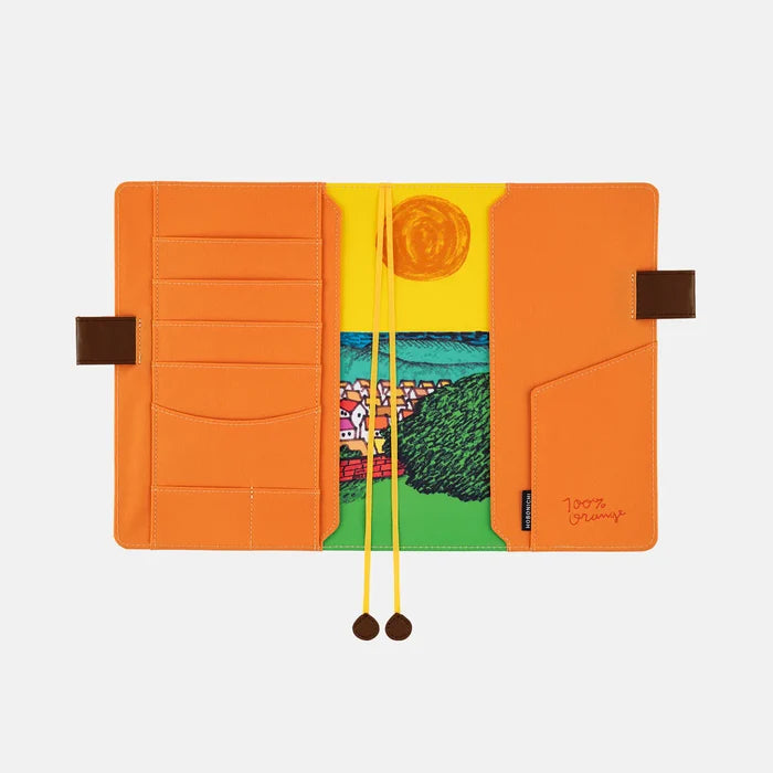 Hobonichi 2026 A5 Cousin Cover: 100%ORANGE - Where’s the Squirrel Going, shown with its details.
