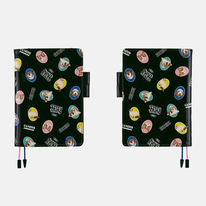 Hobonichi 2026 A5 Cousin Cover: Candy Stripper - Random Dog & Cat (Black), shown from the front.
