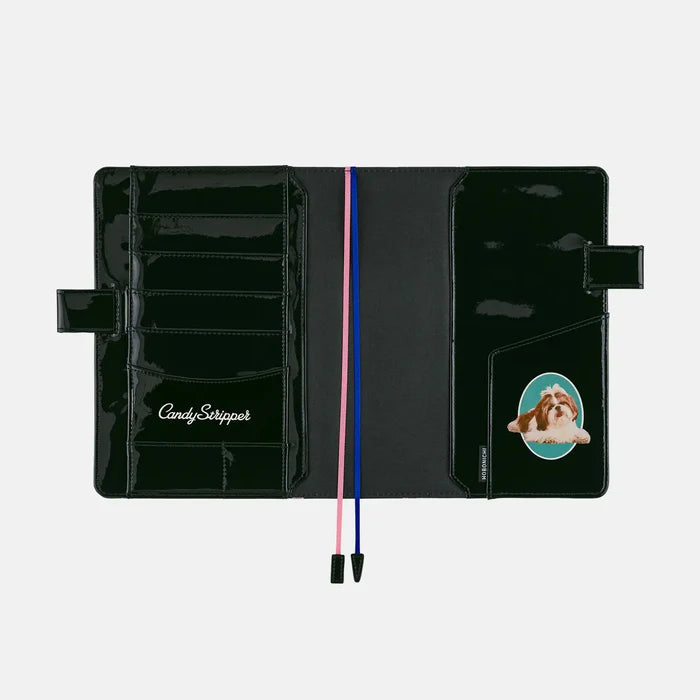 Hobonichi 2026 A5 Cousin Cover: Candy Stripper - Random Dog & Cat (Black), shown with its details.