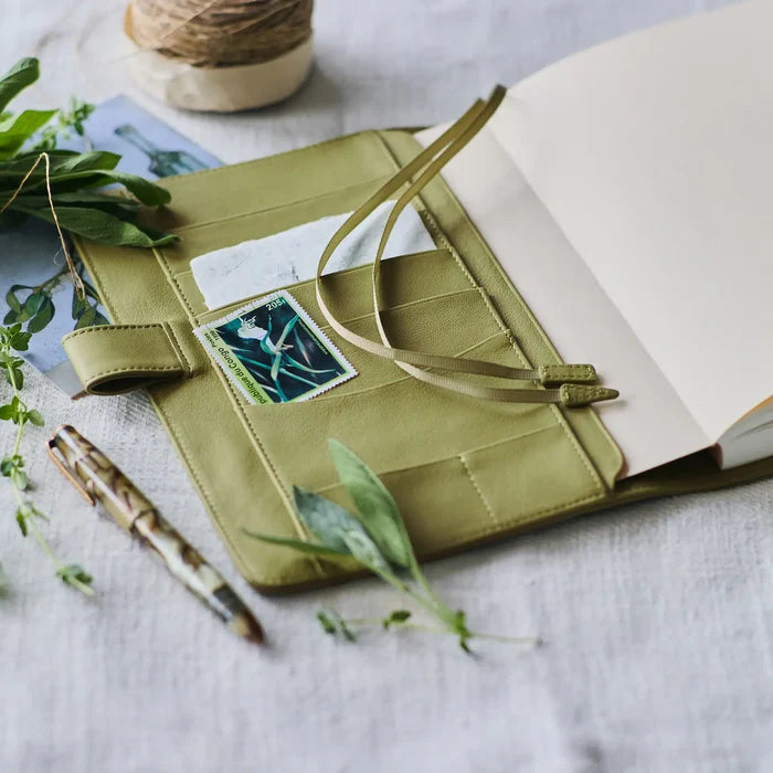 Hobonichi 2026 A5 Cousin Cover: Leather - Sage Green, shown in full.
