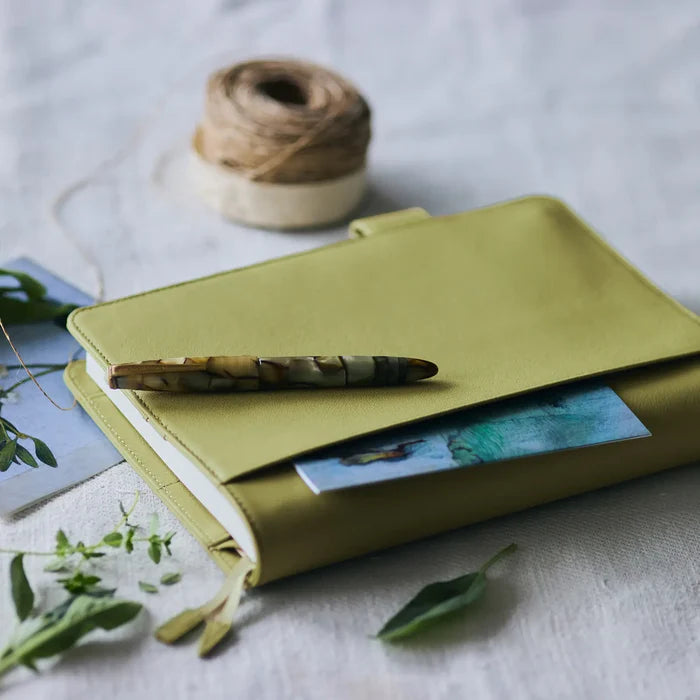 Hobonichi 2026 A5 Cousin Cover: Leather - Sage Green, close-up view.