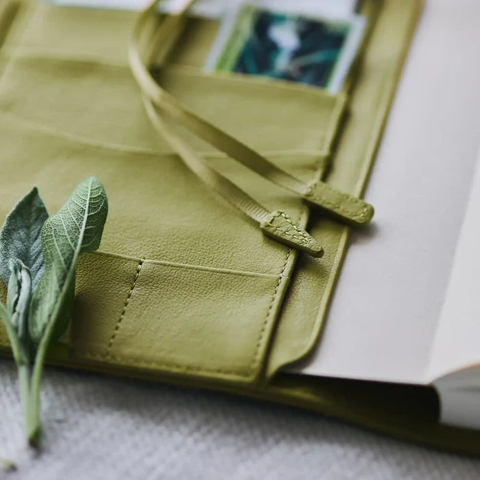 Hobonichi 2026 A5 Cousin Cover: Leather - Sage Green, alternate angle.