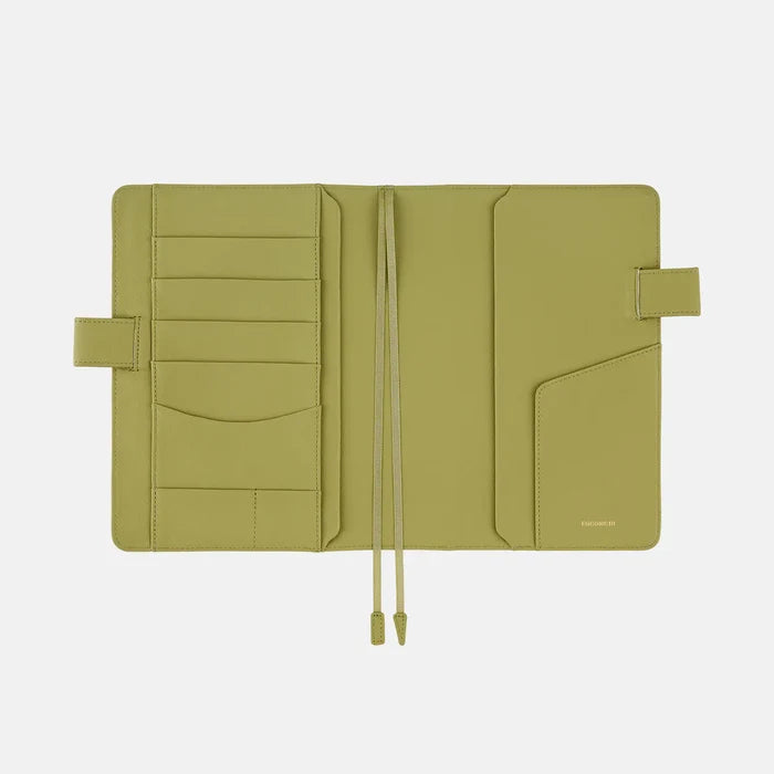 Hobonichi 2026 A5 Cousin Cover: Leather - Sage Green, shown with its details.