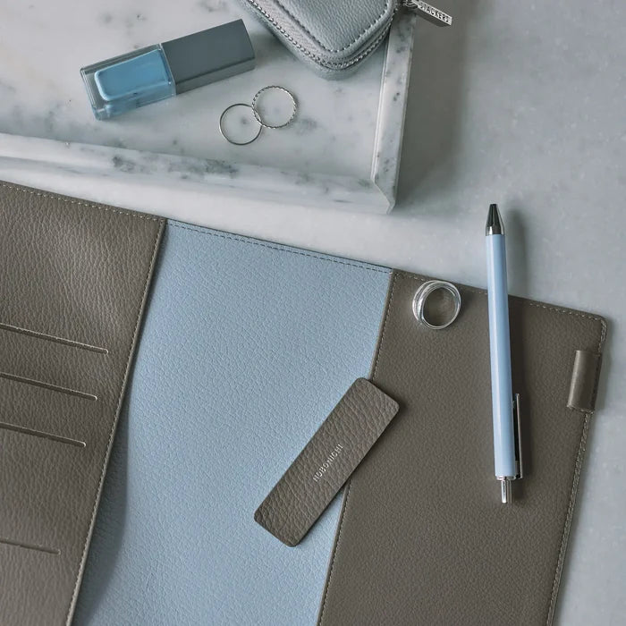 Hobonichi 2026 A5 Cousin Cover: Leather - Taut (Gray & Light Blue), shown in full.