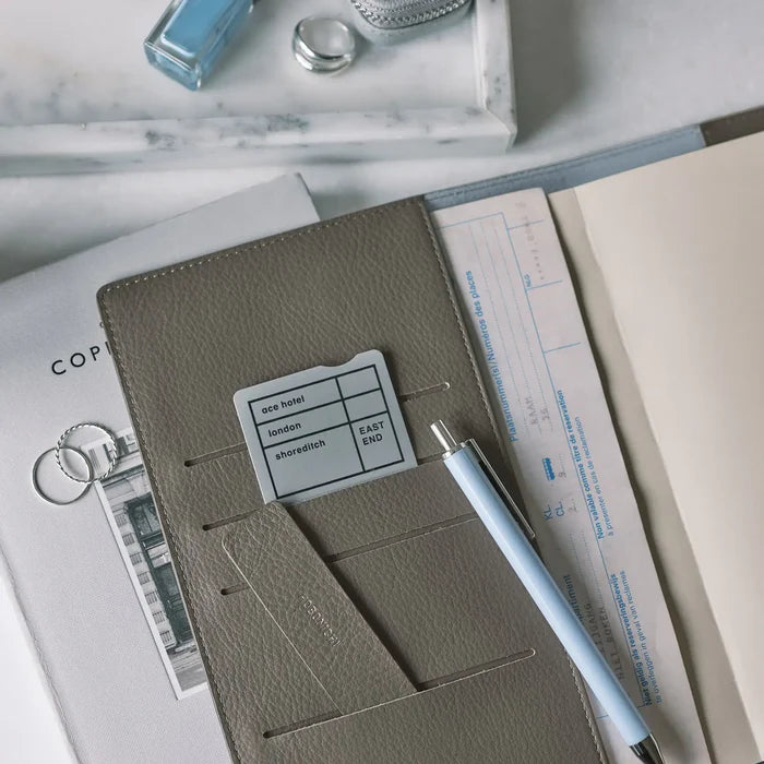 Hobonichi 2026 A5 Cousin Cover: Leather - Taut (Gray & Light Blue), close-up view.
