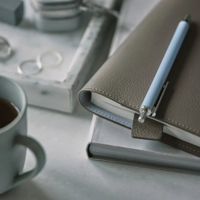 Hobonichi 2026 A5 Cousin Cover: Leather - Taut (Gray & Light Blue), alternate angle.