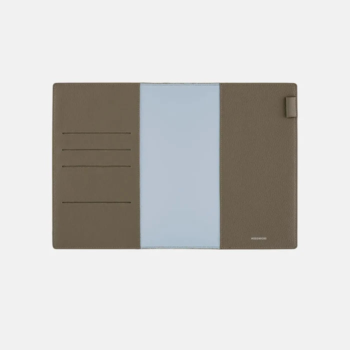 Hobonichi 2026 A5 Cousin Cover: Leather - Taut (Gray & Light Blue), shown with its details.