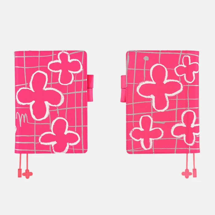 Hobonichi 2026 A5 Cousin Cover: Makoto Matsubayashi - Pink Flowers, shown from the front.