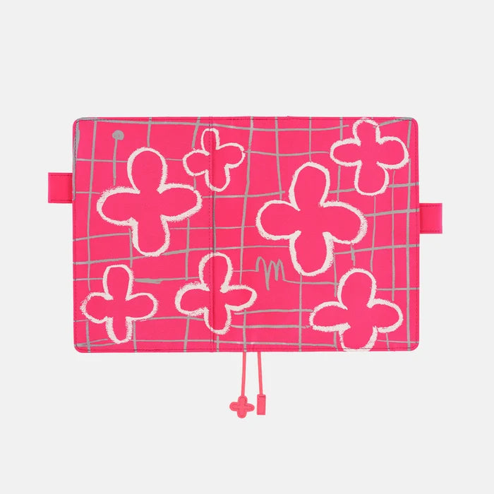Hobonichi 2026 A5 Cousin Cover: Makoto Matsubayashi - Pink Flowers, shown from another angle.
