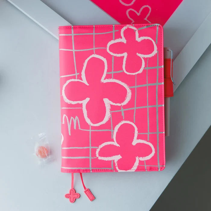 Hobonichi 2026 A5 Cousin Cover: Makoto Matsubayashi - Pink Flowers, detail view of the design.