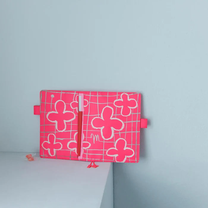 Hobonichi 2026 A5 Cousin Cover: Makoto Matsubayashi - Pink Flowers, close-up view.