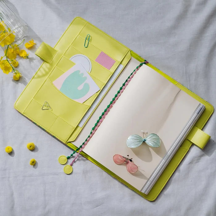 Hobonichi 2026 A5 Cousin Cover: minä perhonen - skyful (Yellow), shown in full.
