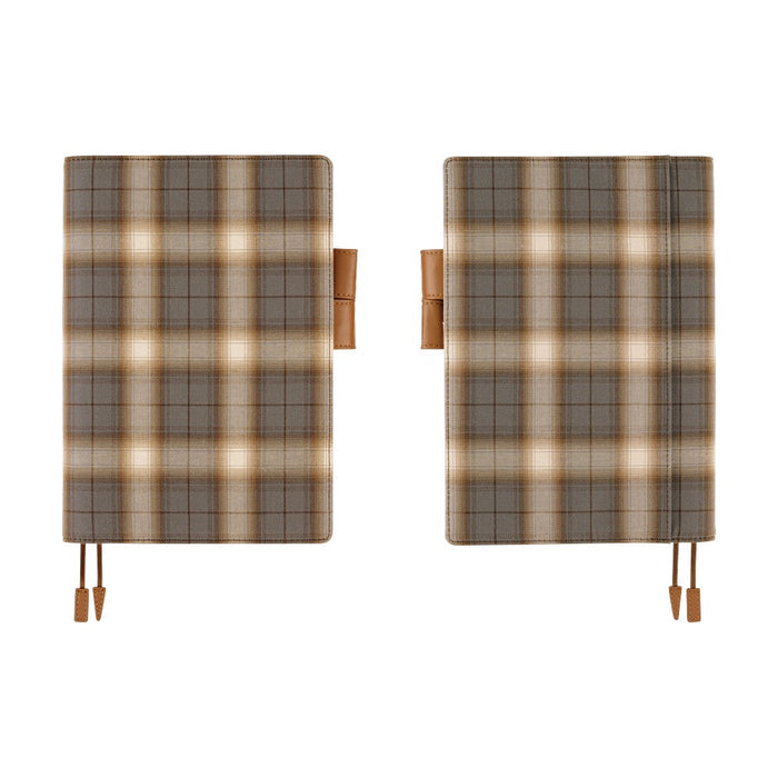 Hobonichi 2026 A5 Cousin Cover: Shirt Fabric - Foggy Plaid, shown from the front.