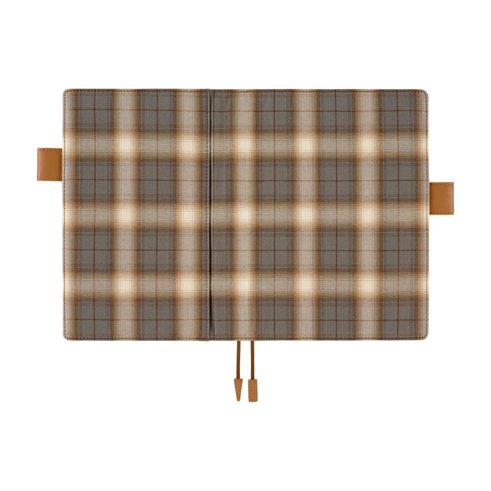Hobonichi 2026 A5 Cousin Cover: Shirt Fabric - Foggy Plaid, shown from another angle.