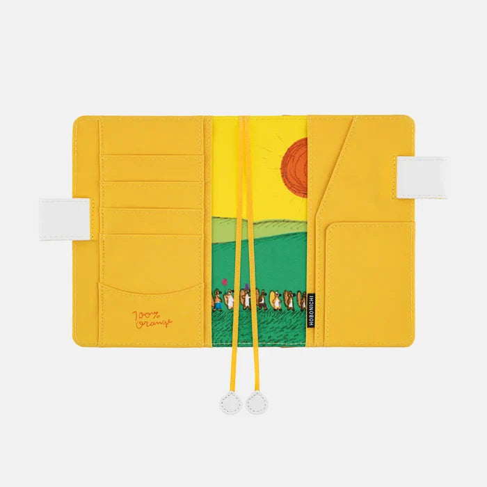 Hobonichi 2026 A6 Planner Cover: 100%ORANGE - Squirrel Squadron, shown with its details.