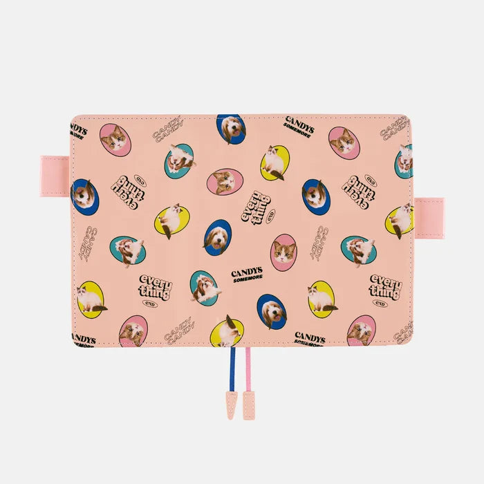 Hobonichi 2026 A6 Planner Cover: Candy Stripper - Random Dog & Cat (Pink), shown from another angle.