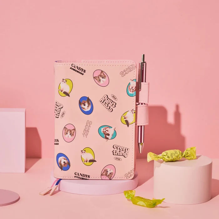 Hobonichi 2026 A6 Planner Cover: Candy Stripper - Random Dog & Cat (Pink), detail view of the design.