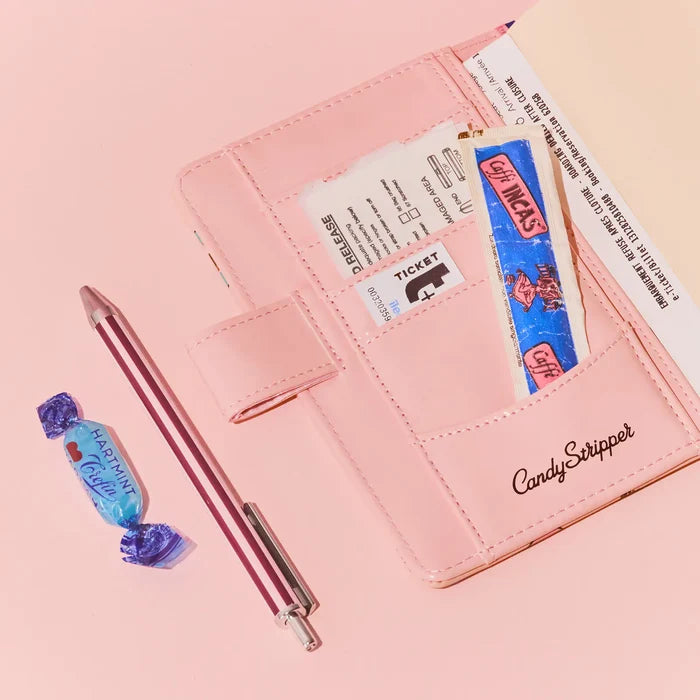 Hobonichi 2026 A6 Planner Cover: Candy Stripper - Random Dog & Cat (Pink), shown in full.