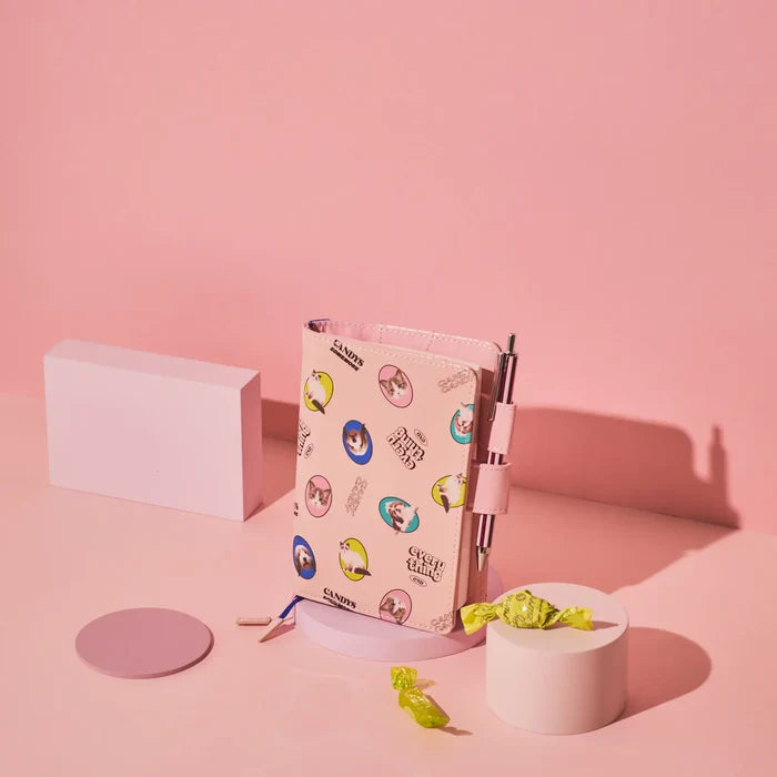 Hobonichi 2026 A6 Planner Cover: Candy Stripper - Random Dog & Cat (Pink), alternate angle.