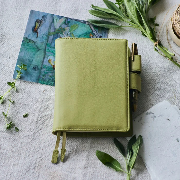 Hobonichi 2026 A6 Planner Cover: Leather - Sage Green, detail view of the design.