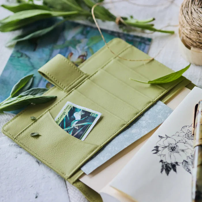 Hobonichi 2026 A6 Planner Cover: Leather - Sage Green, shown in full.