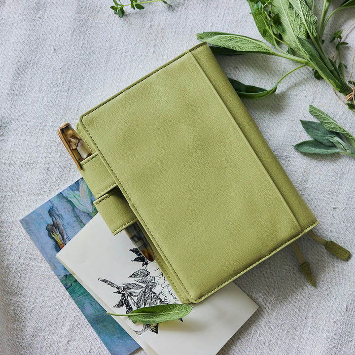 Hobonichi 2026 A6 Planner Cover: Leather - Sage Green, close-up view.