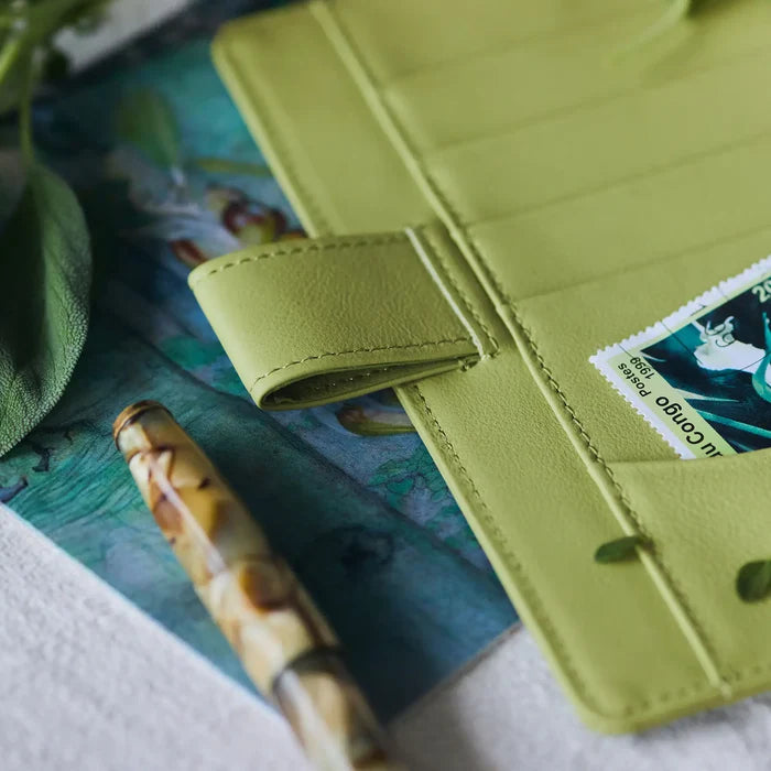 Hobonichi 2026 A6 Planner Cover: Leather - Sage Green, alternate angle.